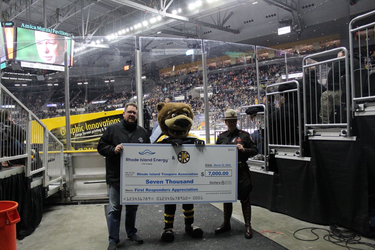 wearerienergy's tweet photo. As a proud partner of the @AHLBruins, we were thrilled to participate in First Responders Weekend at @The_AMPPVD. Highlights were participating in the puck drop, presenting the @RiTroopers with a check for $7,000, and watching the team win in a 5-3 victory! #AHLBruins https://t.co/sjGYHsHl0v