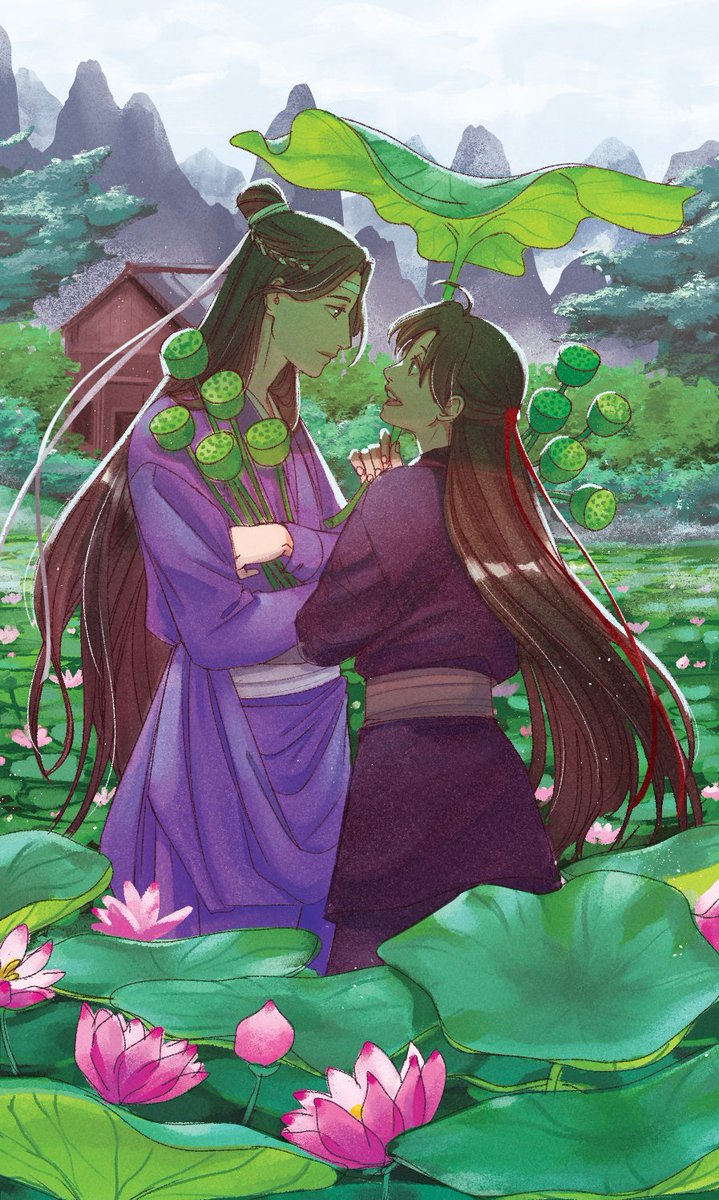 flower chinese clothes long hair outdoors eye contact holding flower looking at another  illustration images