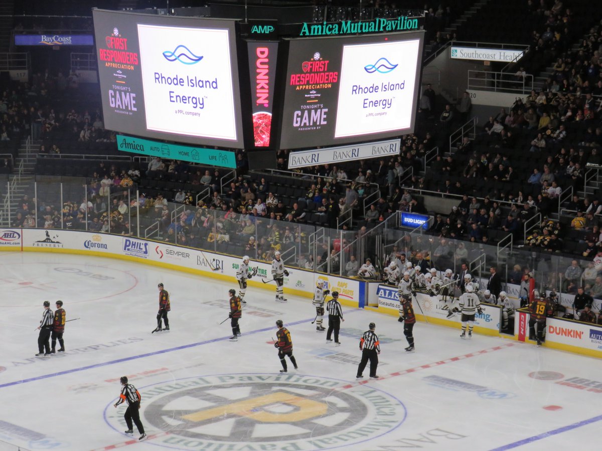 wearerienergy's tweet photo. As a proud partner of the @AHLBruins, we were thrilled to participate in First Responders Weekend at @The_AMPPVD. Highlights were participating in the puck drop, presenting the @RiTroopers with a check for $7,000, and watching the team win in a 5-3 victory! #AHLBruins https://t.co/sjGYHsHl0v