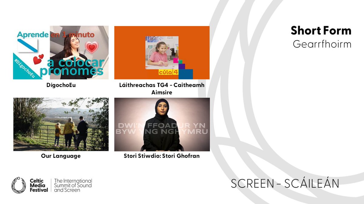 CelticMediaFest's tweet image. The nominees for best #ShortForm are:
DígochoEu @DigochoEUTVG @TVGalicia @crtvg
Láithreachas TG4 - Caitheamh Aimsire @FibinMedia @TG4TV
Our Language @FalmouthUni
Stori Stiwdio: Stori Ghofran @boomcymru @S4C @ywasgS4Cpress

#CelticMedia #TorcAwards