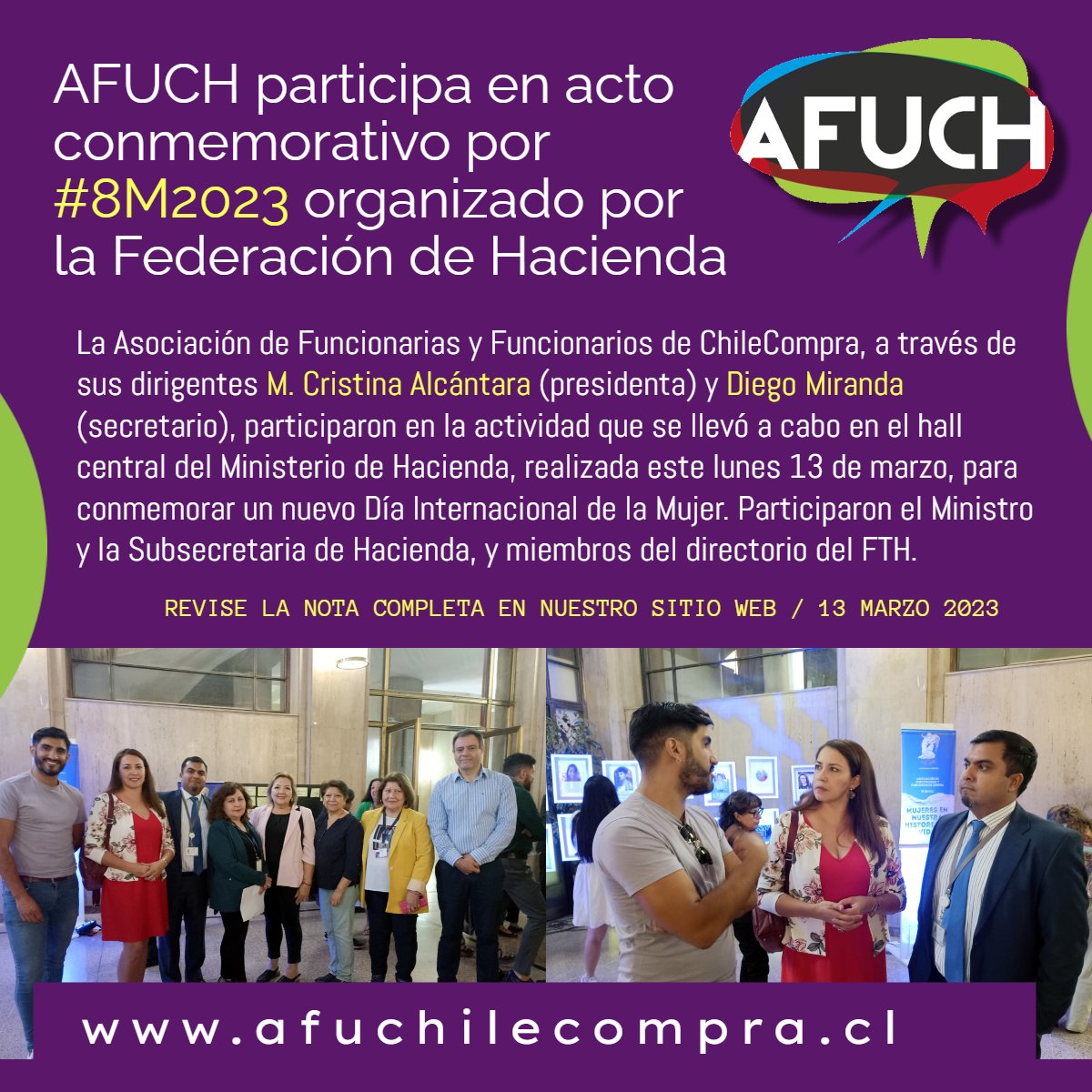 Sus dirigentes M. Cristina Alcántara (presidenta) y Diego Miranda (secretario), participaron en la actividad que se llevó a cabo en el hall central del Ministerio de Hacienda <a href="/FTH_Chile/">Fed Trab de Hacienda</a> 

afuchilecompra.cl