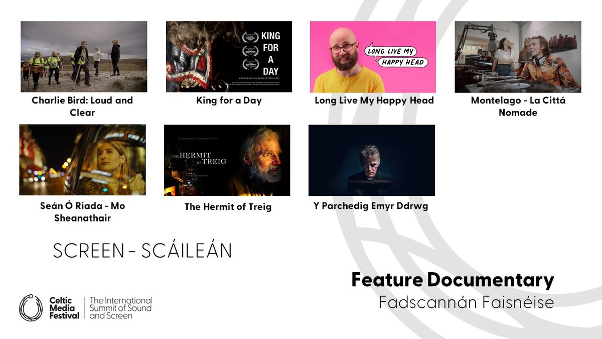 Celtic Media Festival (@celticmediafest) on Twitter photo The nominees for best #FeatureDocumentary are:
Charlie Bird: Loud and Clear <a href="/rte/">RTÉ</a>
King for a Day <a href="/awenproductions/">awen productions cic</a>
Long Live My Happy Head @HappyHeadFilm <a href="/BBCScotland/">BBC Scotland</a> <a href="/BBCScotComms/">BBC Scotland Comms</a>
Montelago - La Cittá Nomade The nominees for best #FeatureDocumentary are:
Charlie Bird: Loud and Clear <a href="/rte/">RTÉ</a>
King for a Day <a href="/awenproductions/">awen productions cic</a>
Long Live My Happy Head @HappyHeadFilm <a href="/BBCScotland/">BBC Scotland</a> <a href="/BBCScotComms/">BBC Scotland Comms</a>
Montelago - La Cittá Nomade
