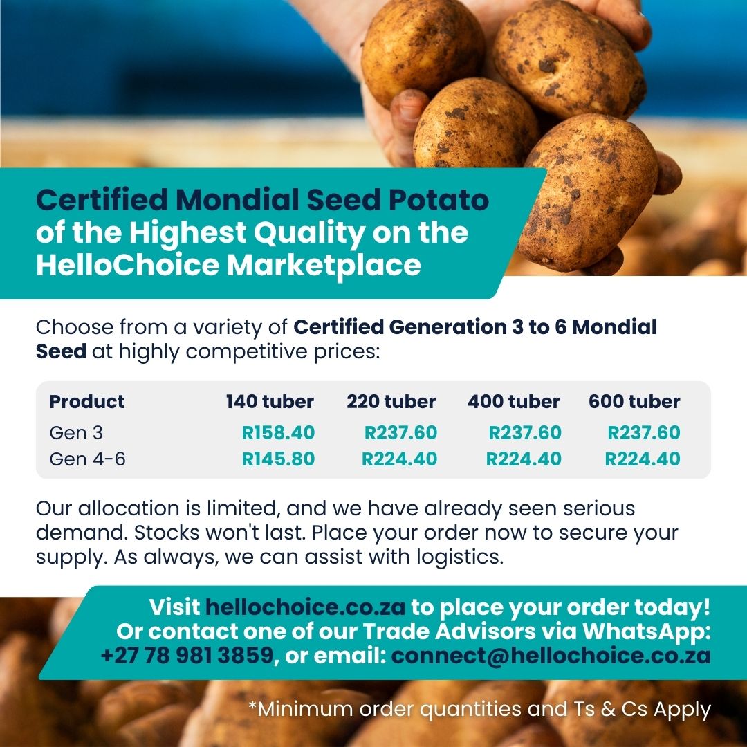 We have incredible quality Seed Potato available at competitive prices on our Marketplace.

Visit market.hellochoice.co.za to order your supply of Gen 3-6 potato seed before our stock runs out!

#hellochoice #onlinemarketplace #availablenow