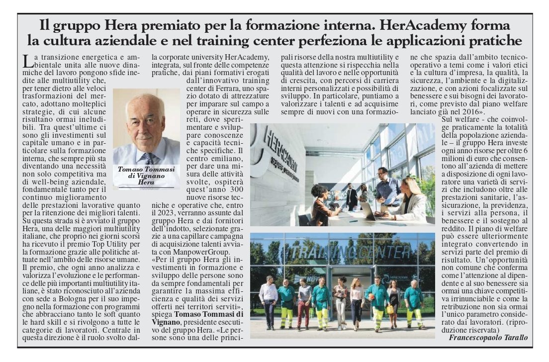🗞️ Il capitale umano per il #GruppoHera: dall’esperienza di #HerAcademy all’iniziativa di talent acquisition in collaborazione con <a href="/ManpowerGroupIT/">ManpowerGroup Italia</a>, fino agli investimenti nel #welfare. Su <a href="/MilanoFinanza/">MilanoFinanza</a> l’impegno della multiutility per #formazione e sviluppo delle #persone 👇