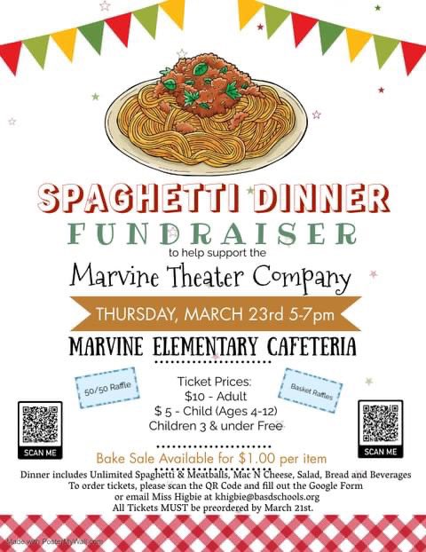 One more week until the Marvine Theater Company Spaghetti Dinner Fundraiser on Thursday, March 23rd from 5-7pm! For ticket reservations click the following link - forms.gle/wdeinQ6d2gRyyU… @MarvineBASD