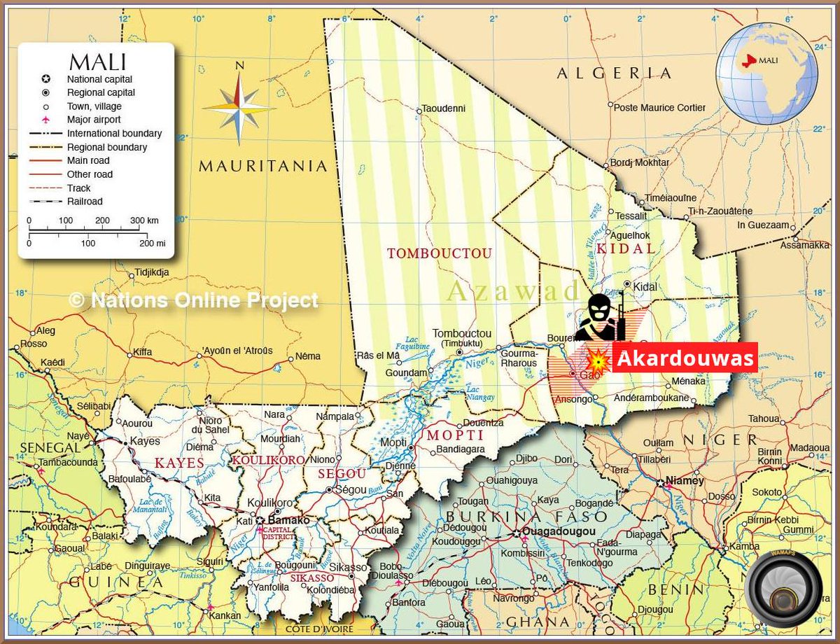 Wamaps_news's tweet photo. #Mali 🇲🇱 | 14/03, Raid #EIGS sur le campement d'#Akardouwas près de #Djebock (#Gao). 🔴Bilan : Une quinzaine de civils et 4 membres des GATIA tués. Un véhicule brulé et du bétail volé.
Ce village avait été victime d'un vol de bétail le 11/03, récupéré ensuite par les #GATIA. https://t.co/820M2p4tNe