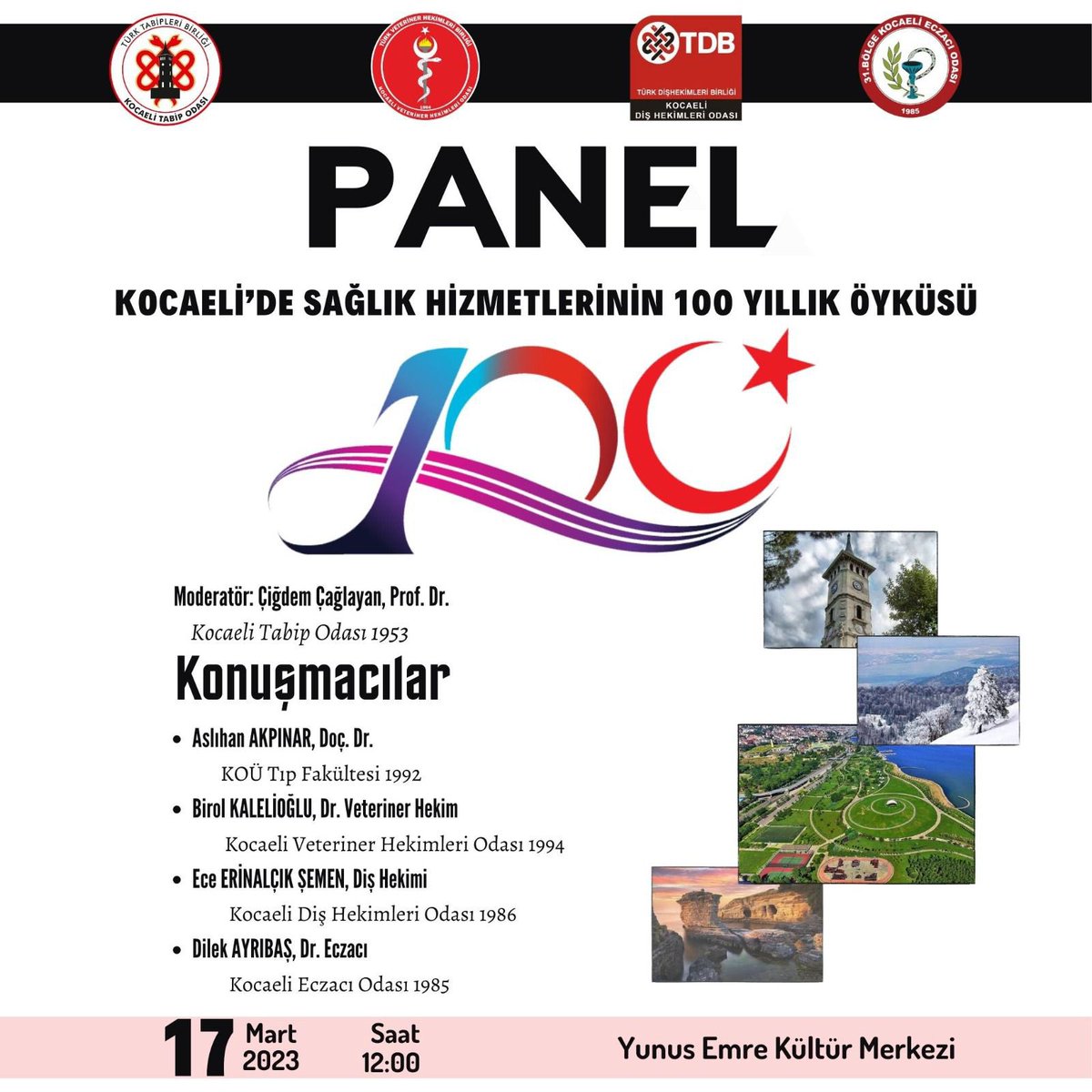 Kocaelideki sağlık meslek odaları olarak (Tabipler, Veteriner Hekimler,Diş Hekimleri, Eczacılar) düzenlediğimiz “Kocaelide Sağlık Hizmetlerinin 100 Yılı” isimli panele katılımınızı bekler. teşekkür ederiz.