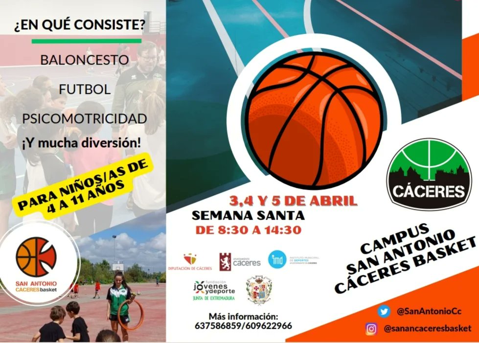 SanAntonioCc's tweet photo. Llega el CAMPUS SAN ANTONIO CÁCERES BASKET de Semana Santa.

🗓️ 3, 4 y 5 de Abril
🕘 De 8:30h a 14:30h
📍 Colegio San Antonio de Padua

Un campamento nuevo y diferente, donde poder seguir haciendo baloncesto 🏀 en estos días festivos, pero además... Fútbol ⚽ y Psicomotricidad 🤸‍♂️ https://t.co/Fe2Q9YypSv