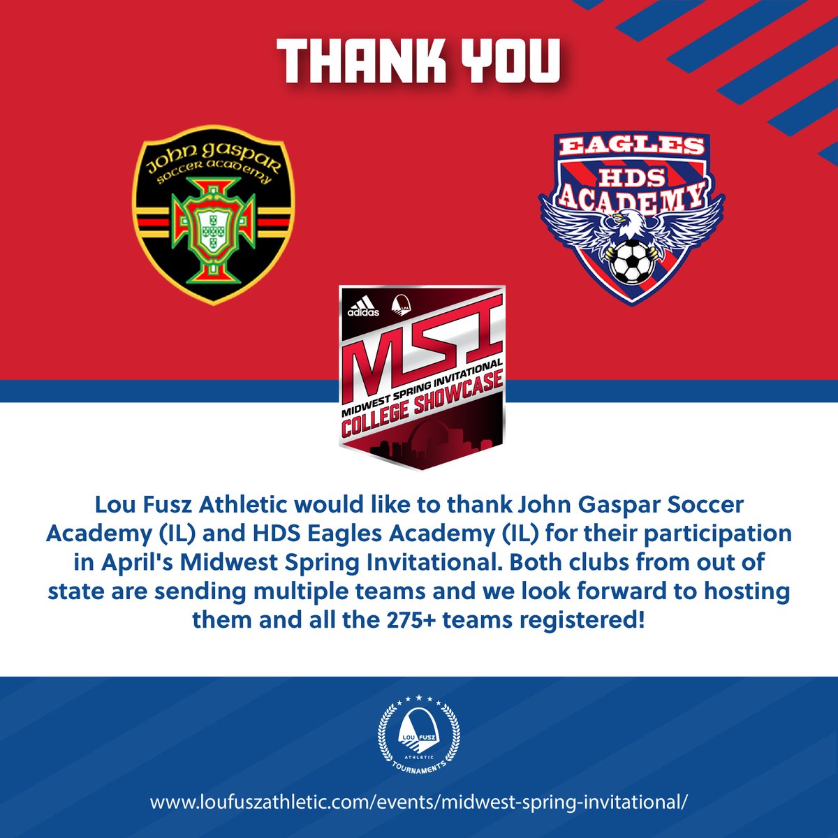 The 2023 Midwest Spring Invitational will be here before we know it, and we can't wait to host John Gaspar Soccer Academy and HDS Eagles Academy soon! ⚽

#fusztournaments