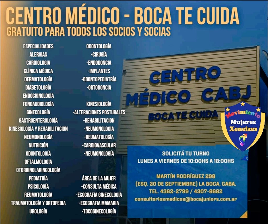 MujeresXeneize's tweet photo. El Centro Médico es gratuito para TODOS los SOCIOS/AS en todas sus categorías.
Están todas las especialidades 💙💛💙
Se atiende con turnos solicitados a los tel: 011-4307-8682 y 011-4362-2799.
@ComisionMedica1
#BocaTeCuida https://t.co/sHMV1iwWsm