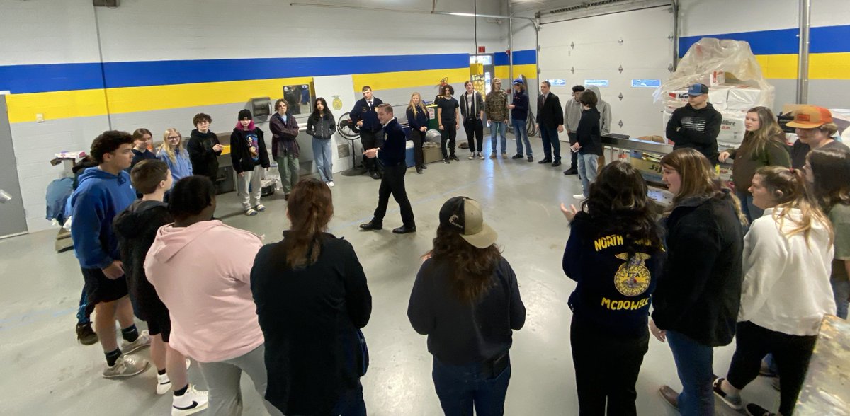 MaryFinley13's tweet photo. Andrew Siebel, @NationalFFA President, visited @mcscte today.  He is one of six National FFA officers elected to represent the 850,000 #FFA members across the US.  It is a great honor for us to host him for a chapter visit. #CTEWorks @CTEforNC @aclarkadams @adam_keith97 https://t.co/qKFcV0fG7L