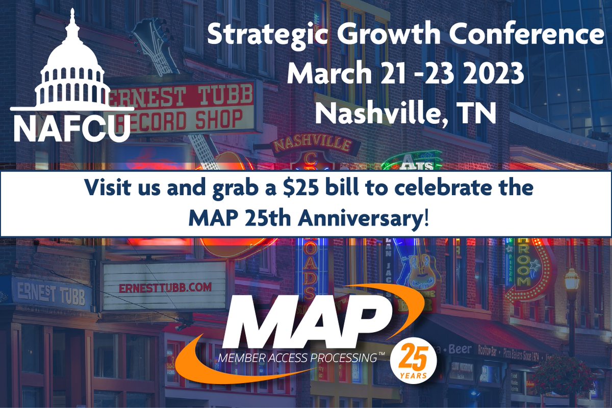 mapcuso's tweet image. MAP will be in Nashville for the #NAFCU Strategic Growth Conference! We will have giveaways and $25 bills ready to celebrate our 25th Anniversary! #creditunions #MAP25thAnniversary