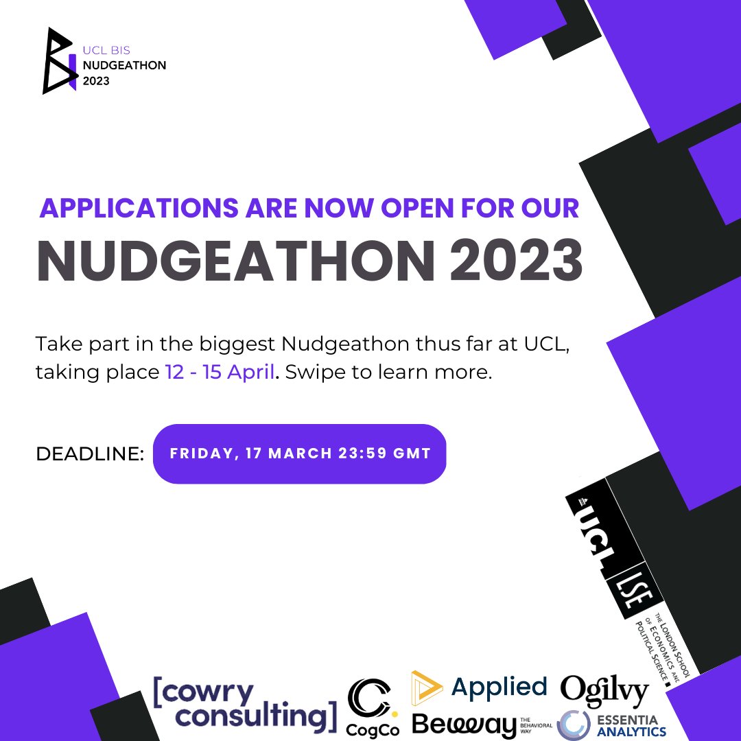 UCLPALS's tweet photo. 🚨 Last chance to sign up for the UK’s biggest behavioural science hackathon! 🚨
Don’t miss this opportunity to make a real impact 
Find out more and apply here now: https://t.co/TNBvyAdsAT

⚠️ Applications close on Friday the 17th of March! https://t.co/C1gIS7xSLc