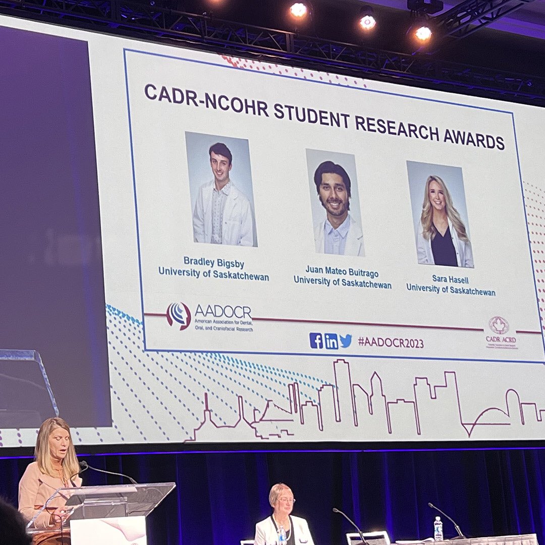 USaskDentistry's tweet photo. Student researchers Bradley Bigsby, Juan Buitrago, Sara Hasell, Andrea Escalante Herrera, Ibrahim Hoja, Kovie Luu, Angha Naik and Rima Siauciunaite are recognized as CADR-NCOHR Student Research Award recipients. https://t.co/94Bz3HMGUc