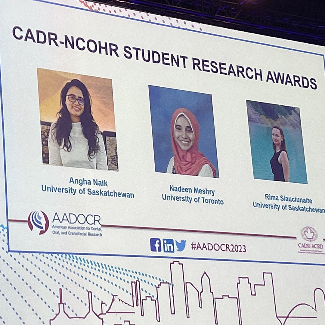 USaskDentistry's tweet photo. Student researchers Bradley Bigsby, Juan Buitrago, Sara Hasell, Andrea Escalante Herrera, Ibrahim Hoja, Kovie Luu, Angha Naik and Rima Siauciunaite are recognized as CADR-NCOHR Student Research Award recipients. https://t.co/94Bz3HMGUc