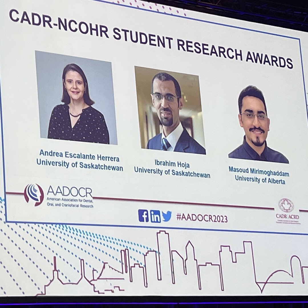 USaskDentistry's tweet photo. Student researchers Bradley Bigsby, Juan Buitrago, Sara Hasell, Andrea Escalante Herrera, Ibrahim Hoja, Kovie Luu, Angha Naik and Rima Siauciunaite are recognized as CADR-NCOHR Student Research Award recipients. https://t.co/94Bz3HMGUc