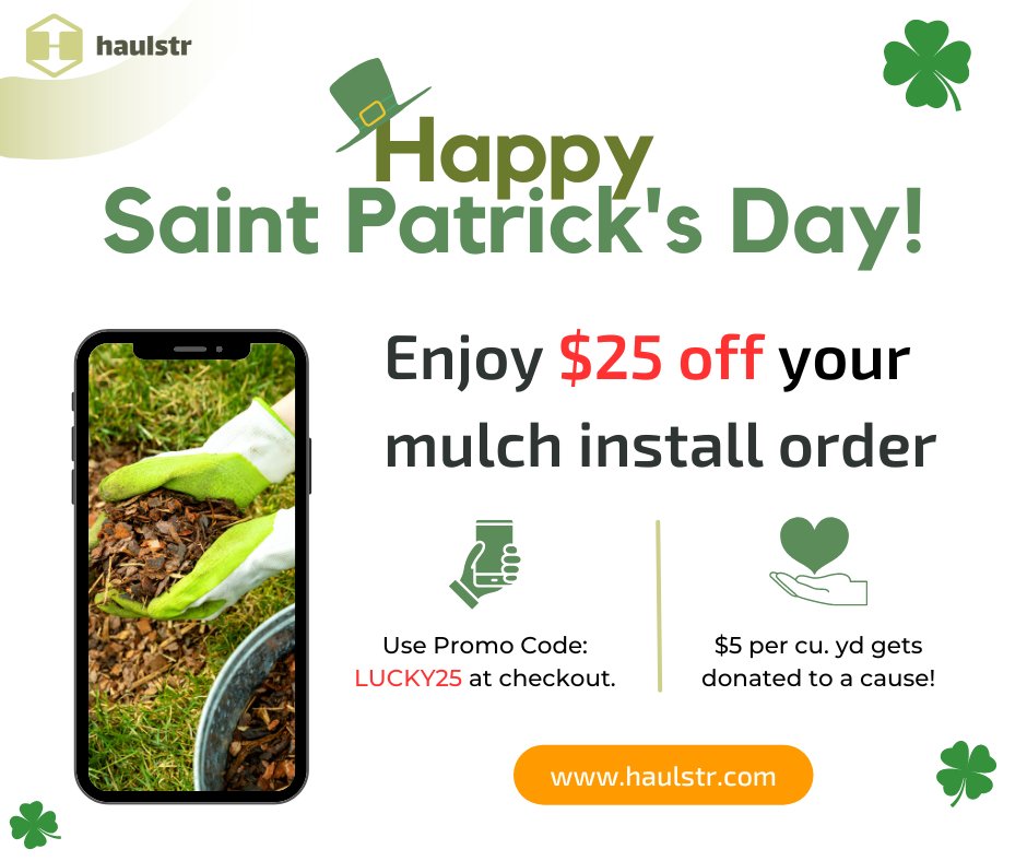 It's your lucky day! ☘️ Save $25 on your order when you schedule mulch install. Use promo code LUCKY25 at checkout!
In addition to your savings, we will donate $5/yd back to a cause of your choice. Schedule your service today: bit.ly/42bNGkF  Sláinte!☘️
