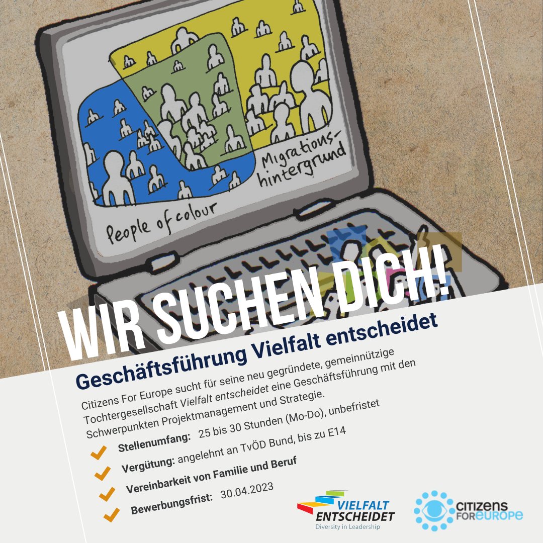 opencitizenship's tweet image. Citizens For Europe gUG sucht für seine neu gegründete, gemeinnützige Tochtergesellschaft Vielfalt entscheidet eine Geschäftsführung mit den Schwerpunkten Projektmanagement und Strategie. Stellenausschreibung: citizensforeurope.org/jobs/