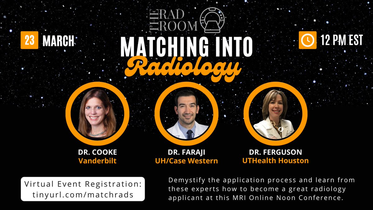 ⭐️#FutureRadRes⭐️You don't want to miss @themrionline Noon Conference next week where we reflect on this last cycle & demystify the radiology application process with these amazing #radiology faculty leaders. Register here: tinyurl.com/matchrads