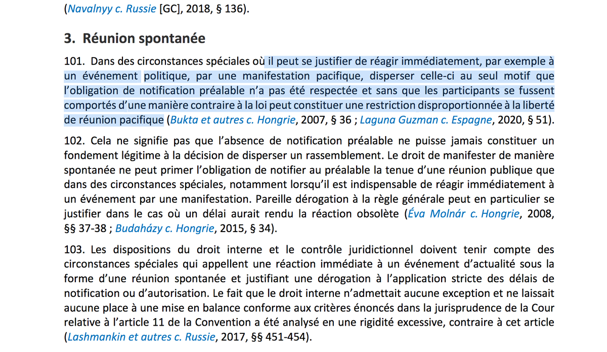 asimpere's tweet photo. C'est p-ê le moment de rappeler la JP de la CEDH sur les manifestations spontanées (le terme juridique pour "sauvage" :))👉possibles en réaction à un événement politique (un 49.3?), elles n'ont pas à être dispersées pour simple absence de notification préalable #droitdemanifester https://t.co/kPqysPsN86