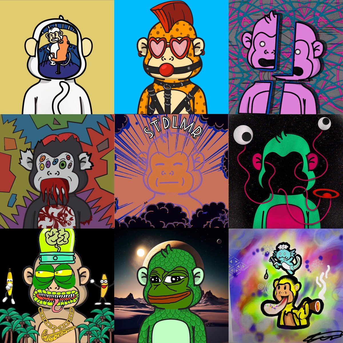 JayR3o5's tweet photo. Some of the best #buildamonkee submissions so far in my opinion!
Artist name from left to right
@Mothafizzy @0xMysticBeast
@Gengar_avax @HarrowedWrath
@studleemore @NotWarh0l
(Me lol) @mergedone @KjRasheed
@MonkeezNFT https://t.co/H7UUz9WYoN