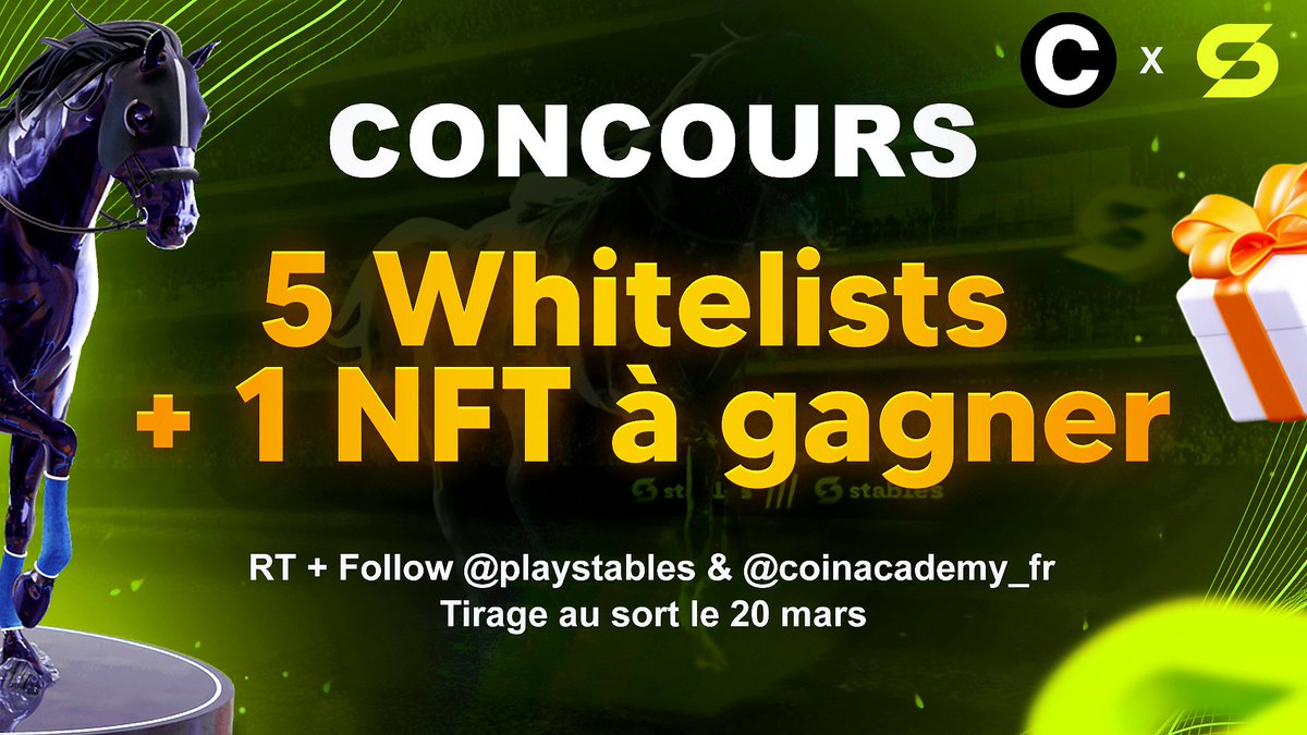 🎁 CONCOURS 🎁  

5 whitelists et 1 NFT <a href="/playstables/">Stables</a> relié à un cheval de course IRL à gagner 🏇

Pour participer : 
- RT ce tweet 
- Follow @Playstables &amp; <a href="/coinacademy_fr/">Coin Academy</a>

📅 TAS le 20/10