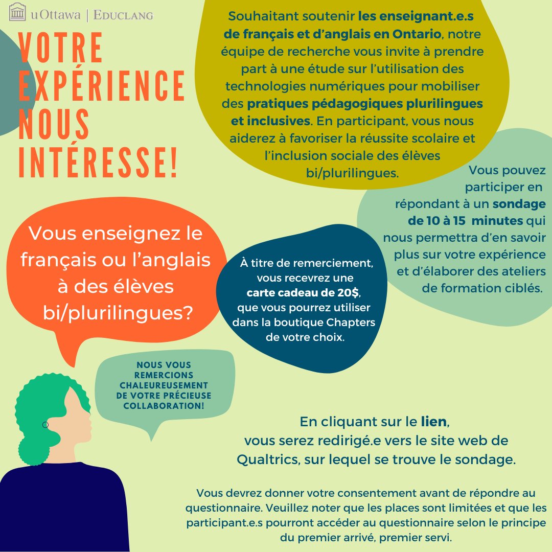 <a href="/EducLang/">EducLang</a> lance une étude sur le numérique et les pratiques plurilingues. 

Chers amis enseignants, nous vous invitons à répondre à ce bref sondage! 

Voici le lien : rotman.az1.qualtrics.com/jfe/form/SV_0e… 

En guise de remerciement, nous offrons une carte cadeau à Chapters! <a href="/uOttawaEdu/">uOttawa Education</a>