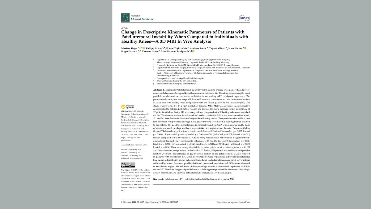 FraunhoferMEVIS's tweet photo. New paper on quantification of changed #knee joint #kinematics in patients with patellofemoral instability with MEVIS contributions: https://t.co/JZIjXtkM9u
#MRI #ImageSegmentation #ImageRegistration #KneeKinematics https://t.co/PqdhiCGccJ