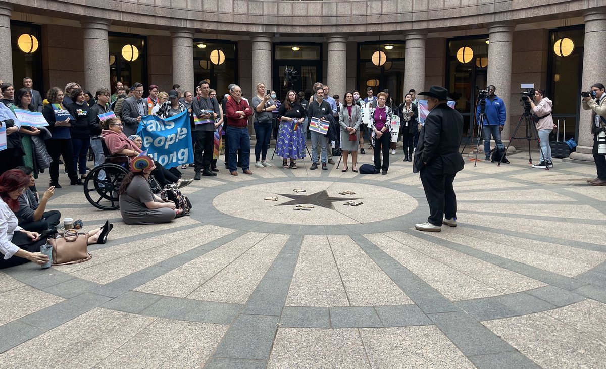 TransTexas's tweet photo. We’re here under the dome today to make sure the Texas senate knows that healthcare for trans people is healthcare. Period. #txlege #transtexansfightback https://t.co/wjHZS4213q