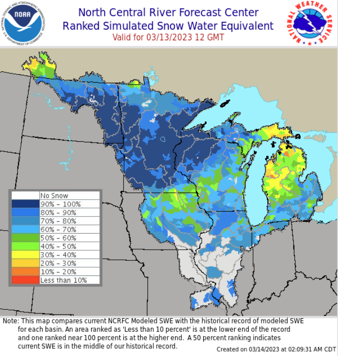 MidwestClimate's tweet photo. Ranked simulated snow water equivalent from @NWSncrfc shows some of the wettest snow on record in Minnesota and northern Wisconsin. Melt rate will factor into spring flood risk. 

Learn more with this StoryMap ⬇️  https://t.co/wdwvTSuJmR https://t.co/L4bwihGck8