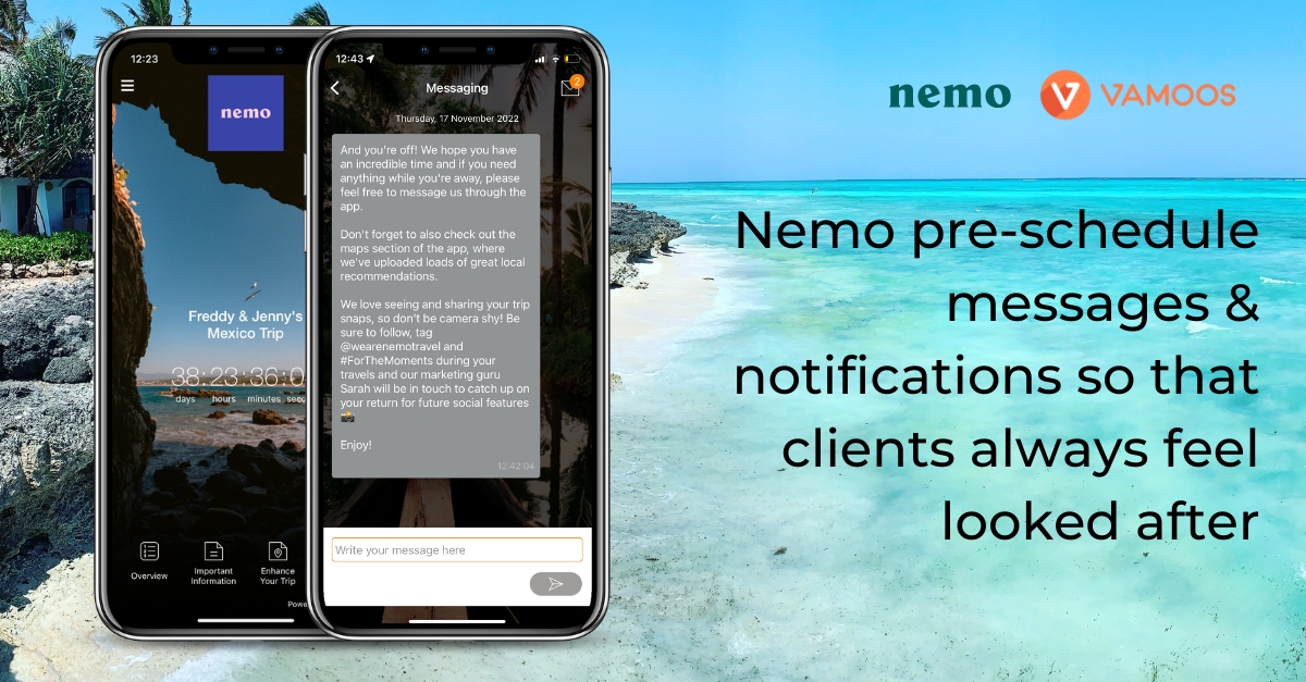Vamoos lets <a href="/WeAreNemoTravel/">nemo</a> take their service one step further. Pre-scheduled notifications and messages assure clients that the level of attention they receive won’t drop just because the trip's started.
Discover more ways to revolutionise your comms at eu1.hubs.ly/H03csD50