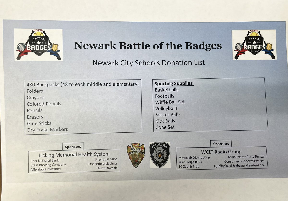 Thank you to the @NewarkPD_OH_PIO for raising funds for NCS through a Police VS Fire slow pitch softball tournament! We are blessed to receive several backpacks, school supplies, and gym equipment. 

#NewarkBattleOfTheBadges
#we_are_ncs