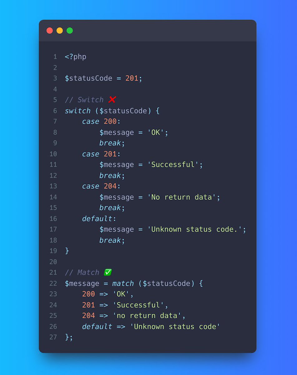 codewithdary's tweet image. Since the release of PHP 8, a new functionality called "match expression" has been added to PHP. Have you used it before? #phptricks