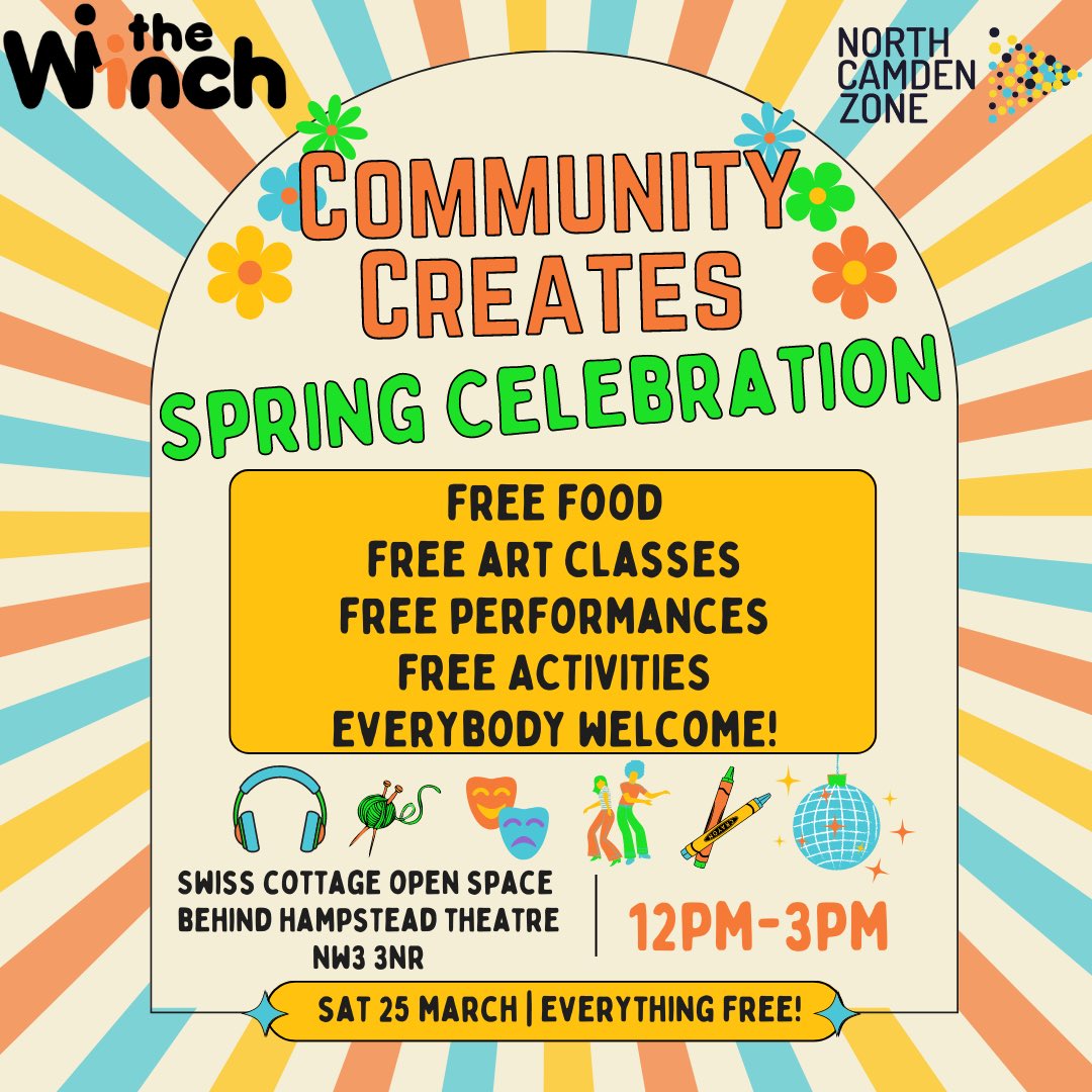 greatplaceNCZ's tweet photo. Saturday 25 March, 12-3pm, #CommunityCreates Spring Celebration Day! Backstage tours from @Hamps_Theatre, performances at @CSSDLondon, Zumba, Choir, Knitting, Drawing & Sculpture classes plus free food to eat with us or take away 🥳🎶💃 https://t.co/PX6B1P8fpO