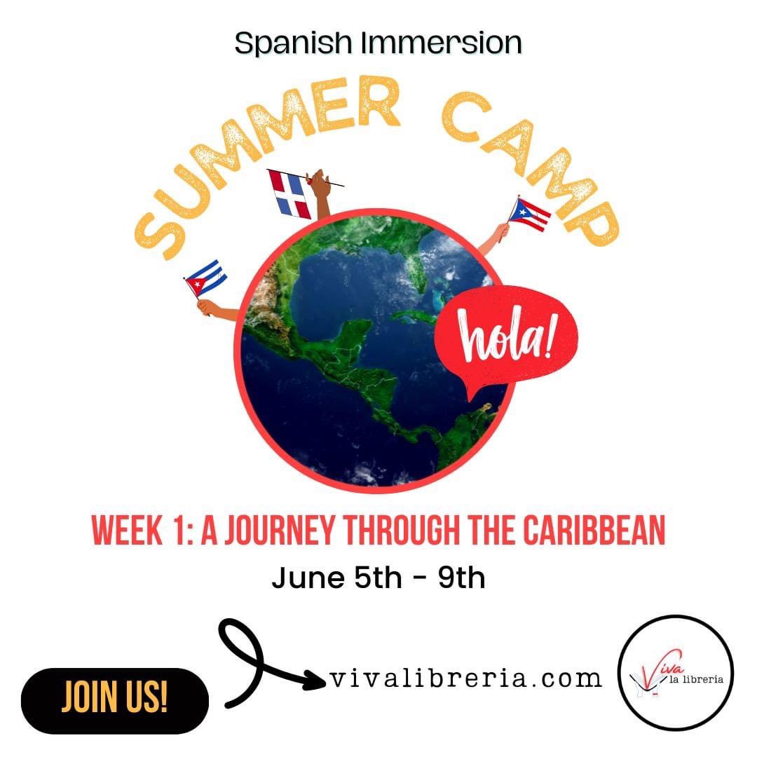 viva_libreria's tweet photo. Join us for Spanish Immersion Summer Day Camp throughout the month of June! Week 1, June 5-9th, will focus on the Caribbean 🇨🇺🇩🇴🇵🇷. Each day's activities will be in Spanish and will be based on a book from one of the Spanish-speaking Caribbean nations📚☀️https://t.co/uZnjpbfne9 https://t.co/rGZSlICuS1