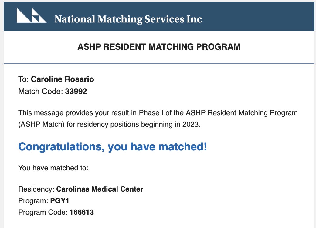 Incredibly excited and beyond grateful to announce that I'l be continuing my pharmacy training in Charlotte, NC!!💊🏥#FeelingBlessed #RxMatchDay