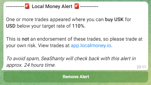 Capybara_Labs's tweet photo. The next @TeamLocalMoney integration is here!!!🎉🎉🎉

Using SeaShanty, you now get alerts when an On/Off ramp deal that satisfies your target rate appears.

To enable this, type /alerts, select "Local Money Deal Alerts" and follow the instructions. https://t.co/7kNNtYU2AO