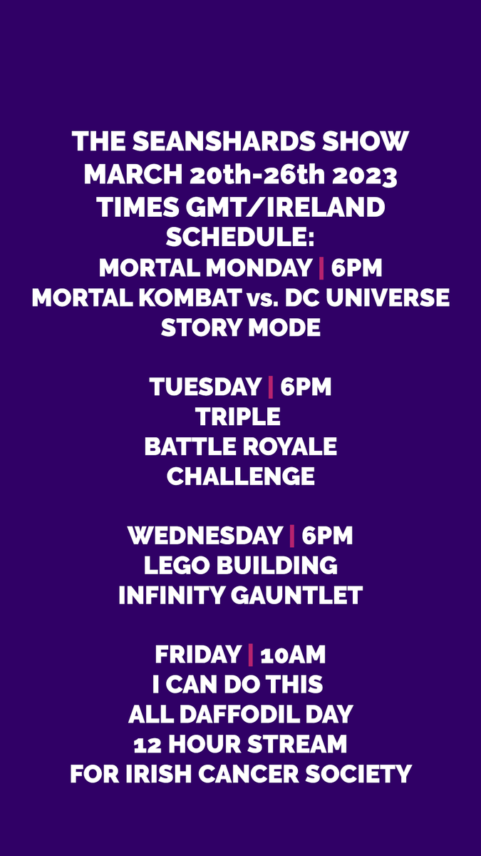 SeanShards's tweet photo. Stream Schedule March 20th-26th
Heroes from Home Week, all streams this week in aid of the Irish Cancer Society @ICSHeroes 

Watch: https://t.co/0UFkISiBIh
Donate: https://t.co/CJ2GZMArqH

Main Event 12-Hour Stream on Daffodil Day!

Likes/RTs appreciated on this one! https://t.co/dpuDzU1rRS