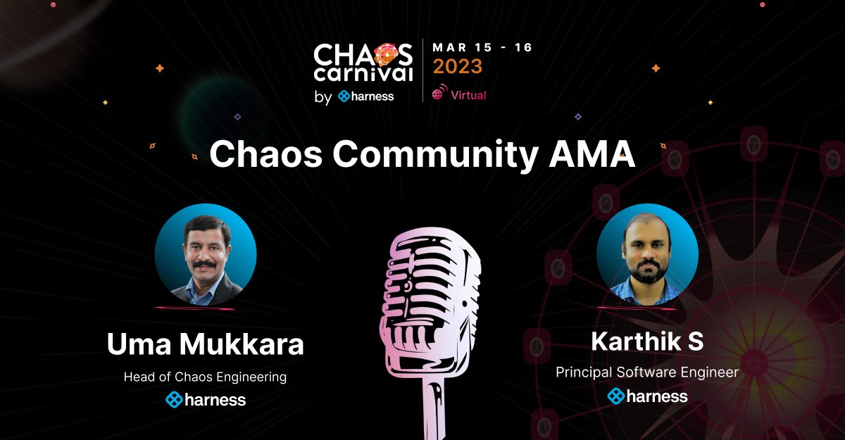 Join @Uma_Mukkara & myself for the #chaosengineering AMA @chaoscarnivalio today! Look forward to interesting discussions & perspectives !! chaoscarnival.io/schedule