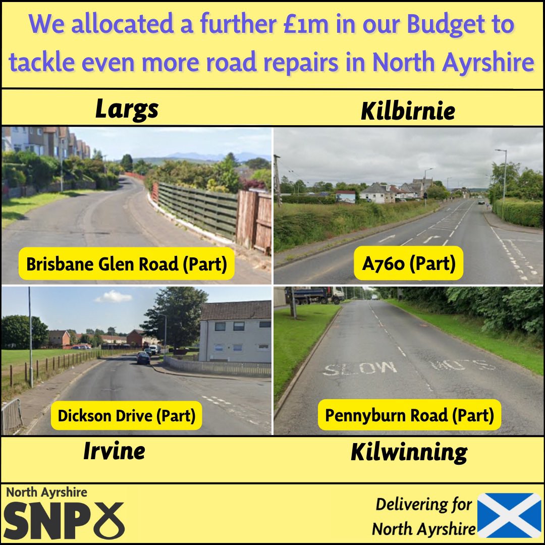 🛣️ The SNP Administration Roads Programme will invest £6.3m on multiple projects across North Ayrshire.

🚗 We will also allocate a further £1m so that MORE roads can be repaired. 

#SNPNorthAyrshire
#SNP
#DeliveringForNorthAyrshire
#KeepingYourRoadsSafe 
#NorthAyrshire