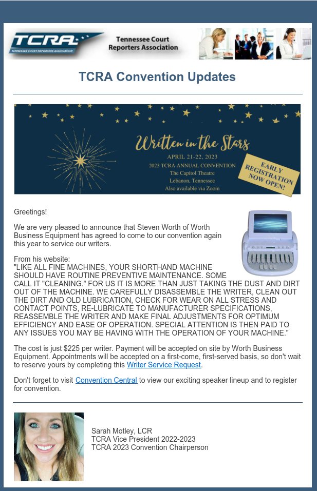 Reserve your spot for on-site writer service at our 2023 TCRA Convention here: tinyurl.com/59n3ksxx
Visit Convention Central for all things convention 2023!
tinyurl.com/3pvf7jzh