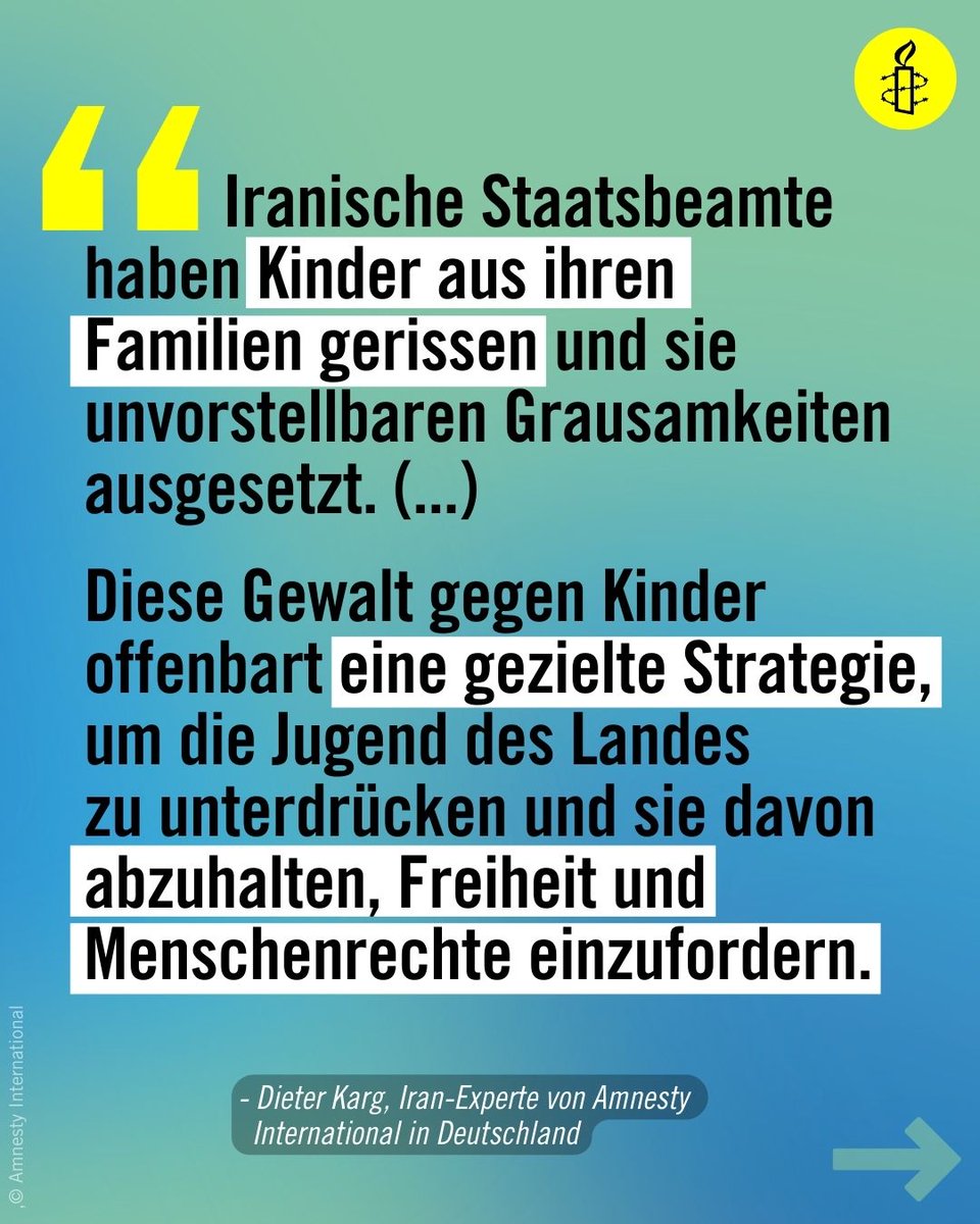 Schwere Misshandlungen Minderjähriger Jungen und Mädchen im #Iran: 

Schläge, Peitschenhiebe, Elektroschocks, Vergewaltigungen &amp; andere sexualisierte Gewalt gegen Kinder im Alter von zwölf Jahren.

⇨ amnesty.de/allgemein/pres… #JinJiyanAzadi #IranProtests