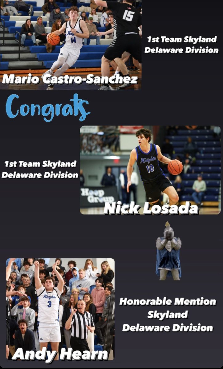 Congrats to Seniors Mario Castro-Sanchez, Nick Losada, and Andy Hearn on being named to the Skyland Conference Delaware Division All Conference team!  #gogsbknights🗡 #knightsbrigade🛡