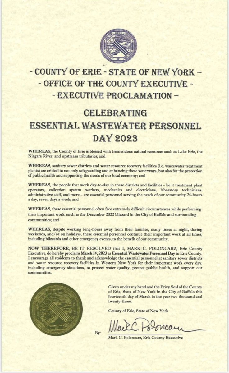 NYwaterEnviro's tweet photo. ICYMI: At #GBEC, #NYWEA celebrated #EssentialWastewaterPersonnel Day 2023, officially proclaimed by #ErieCounty Executive @markpoloncarz! 
Thank you to all #EssentialWorkers in the #WaterWorkforce! 

News release: https://t.co/YbuUn8MU0Q

#WNYWEA #Buffalo #ThankAnOperatorThursday https://t.co/KJoBjqMxbo