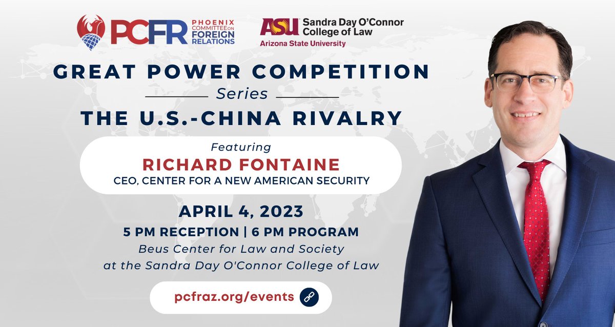 Our #GreatPowerCompetition Series - presented in partnership with @ASUCollegeOfLaw - resumes next month with a program on 'The U.S. - #China Rivalry' with @RHFontaine, CEO of @CNASdc. Join us April 4 at 5 PM: app.glueup.com/event/great-po….