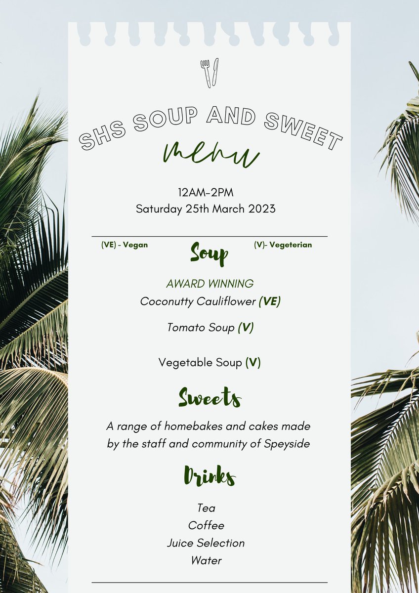 Familes of Speyside High pupils are invited on Saturday 25th March to attend a Soup, Sweet and Heat at Speyside High School! 🍵

This FREE event will run from 12pm-2pm.

Please fill out the google form if you or your family are interested in attending! 😊 forms.office.com/e/mNrdBHPTsB