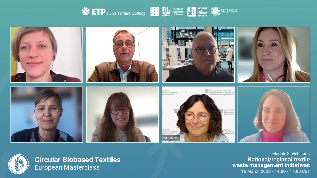 TextileETP's tweet photo. This afternoon, we hosted webinar4⃣of our Circular &amp; Biobased Textiles Masterclass!♻️

We e-travelled across Europe, discussing national and regional textile waste management initiatives in 🇫🇷🇸🇪🇳🇱🇫🇮&amp;🇪🇸 

Discover our masterclass⬇️
https://t.co/TPfY1WE8Mx https://t.co/RQ03h6QEZA