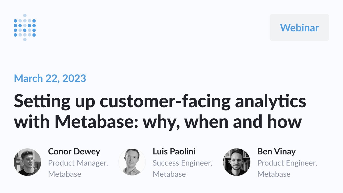 Join us next Wednesday as we explore Metabase embedding with our product and success teams. Find out what it is, when one might need it, and how to get started.
RSVP here 👇
metabase.com/webinars/2023-…