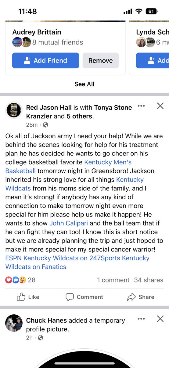melisfaithg11's tweet photo. Can the Twitter world help my friends? Their son beat cancer 7 years ago. The radiation that saved him, gave him a new tumor and he is in the fight of his life again! He wants to go watch @KentuckyMBB in Greensboro! It’s his wish! Please help! @MarchMadnessMBB @Oscartshiebwe34 https://t.co/0alrTX8B73