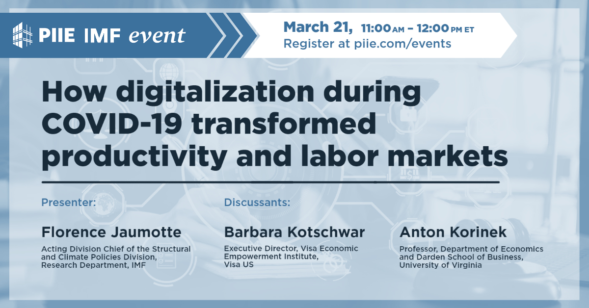 TUESDAY: A new <a href="/IMFNews/">IMF</a> Staff Discussion Note sheds light on the potential implications of digitalization induced by the pandemic for productivity &amp; labor markets in advanced economies. With Florence Jaumotte, <a href="/akorinek/">Anton Korinek</a>, &amp; <a href="/BRKotschwar/">Barbara Kotschwar</a>.

Register: piie.zoom.us/webinar/regist…